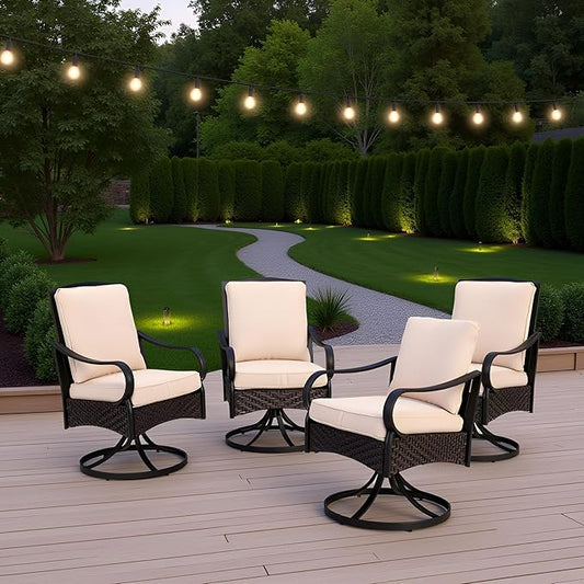 PHI VILLA Outdoor Swivel Chairs Set of 4, Heavy Duty Outdoor Metal Wicker Dining Chair with Thickened Cushions, Large All Weather Wrought Iron Patio Chair for Balcony