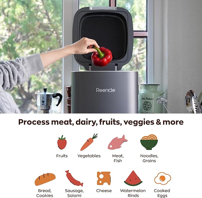 Reencle Prime Electric Composter - 14L Kitchen Composter, Decomposes Up to 2.2 lbs Food Waste Daily, Odorless Indoor Composting with Whisper-Quiet Technology & Rapid Decomposition (Silver)