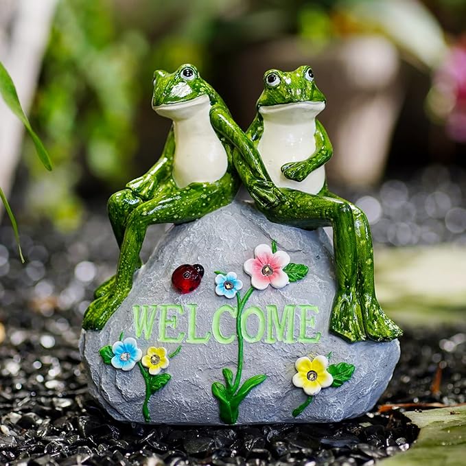 Nacome Garden Outdoor Statues Frog with Succulent and 7 LED Lights - Lawn Decor for Patio, Balcony, Yard Ornament - Unique Housewarming Gifts