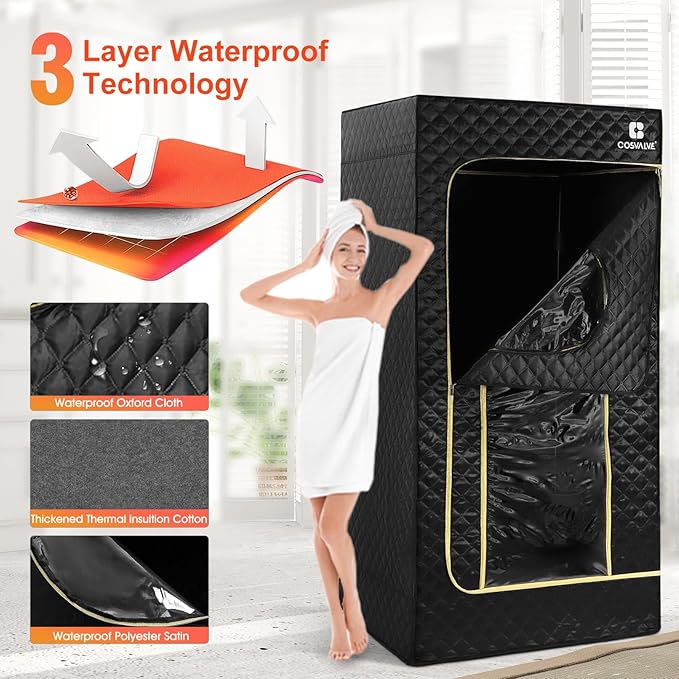 COSVALVE Portable Sauna Box for Home Sauna Steamer with 4L Large Steam Pot, 1600W Fast Heating Full Size Personal Sauna, 16 Levels, Remote Control, Foldable Chair, 2.9' x 2.5' x 5.9'