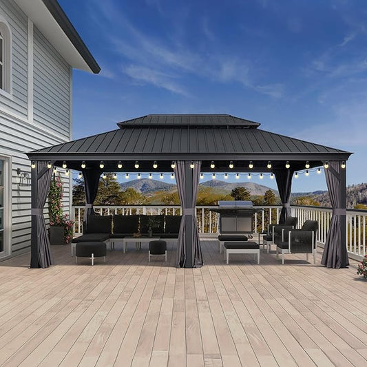PURPLE LEAF 14' X 20' Outdoor Gazebo with Galvanized Steel Metal Roof Permanent Hardtop Gazebo with Light for Patio Lawn and Garden Large Pavilion Grey