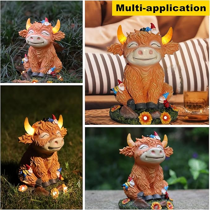 Solar Garden Statue Highland Cow Figurine with Funny Gnomes Garden Outdoor Decor for Yard Patio Lawn Christmas Housewarming Gifts for Women,Mom,Grandma (Yellow)