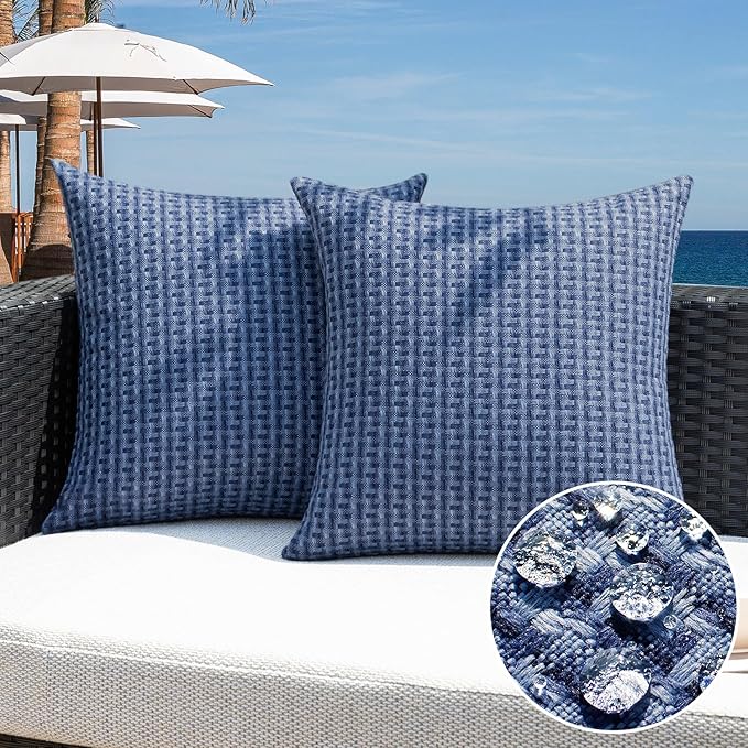Kevin Textile Outdoor Waterproof Throw Pillow Covers Pack of 2 Farmhouse Decorative Cushion Covers for Garden Patio Tent Balcony Bench Couch Sofa 24x24 Inch, Navy Blue