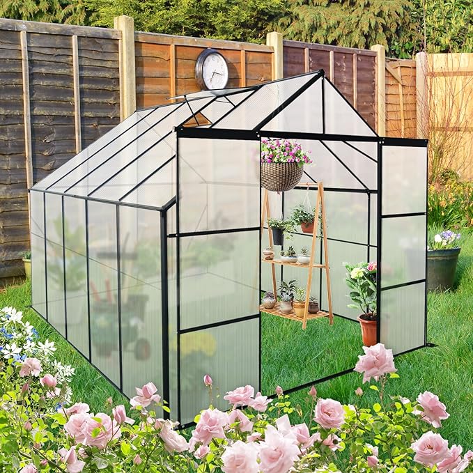 Favfurish 8X10 FT Greenhouses for Outdoors,Double Sliding Door Polycarbonate Greenhouse,Heavy Duty Walk-in Garden Plants Green House, Drainage System & Galvanized Frame for Outside Backyard, Black