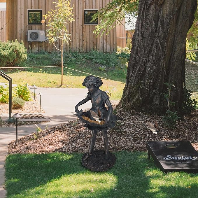 Outdoor Garden Statues - Bird Bath & Feeder Combo - Standing Angel Fairy Statues, 14.25*12.25*28.75 Inch