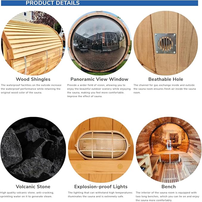 ZONEMEL Wood Steam Sauna with Panoramic View, Canadian Red Cedar Outdoor Barrel Sauna Room with 6kw ETL Certified TOULE Heater, Sauna Rocks, Wood Shingle Roof, 8 Person Sauna Bath
