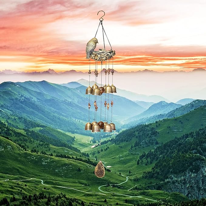 Bird Nest Wind Chimes,Wind Chimes for Outside with 12 Wind Bells for Glory Mothers Love Gift,Bird Bells Chimes Hanging Decoration for Outside Garden Yard Church, Bronze