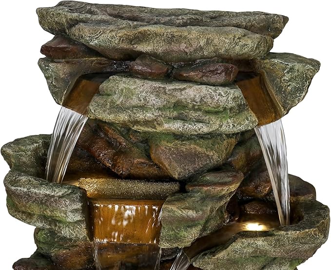 Naturefalls 59inches Outdoor Rock Water Fountain with LED Lights - Multi-Tiers Poly-Resin Cascading Waterfall Fountain for Garden, Patio, Yard, Home Decor