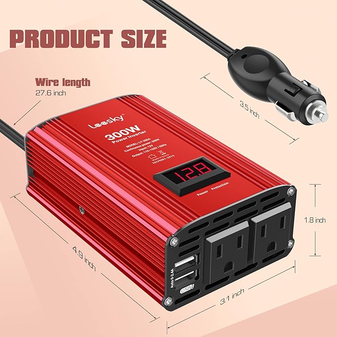 300W Car Power Inverter 12V DC to 110V AC Car Converter Adapter with LCD Display for Car Battery Status Monitor and Smart Fan Dual 4.8A USB Ports 2 AC Outlets LEESKY