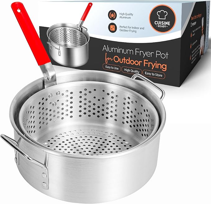 Aluminum Fish Fryer Pot with Basket | 10QT Deep Frying Pot with Handle | Outdoor Oil Fryer pan with Fry Basket | Cooking Pot | Fried Chicken, Fish, Seafood, Turkey Legs, French Fries
