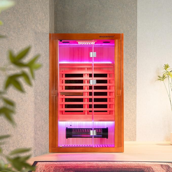 Woodbridge Infrared Home Sauna Room 2 Person Hemlock Wooden Indoor Sauna with 7 Carbon Heaters, Red Light Therapy, Bluetooth Speaker, Intelligent Control Panel, Tempered Glass & Top Vent