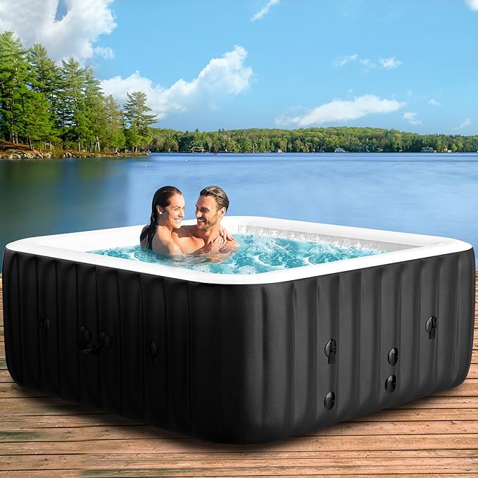 2-4 Person Inflatable Hot Tub, Square Blow Up Portable Hot Tub, Leak-Proof PVC Outdoor Spa with 120 Strong Air Jets, Heater Pump and Insulated Cover, 60” X 60”X 25”