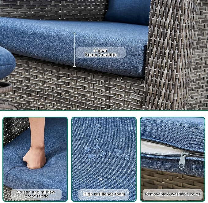 Patio Glider Swivel Rocker Sets: 2piece Patio Furniture Sets, 360° Swivel Rocking Chairs with Ottoman, Rust-Resistant Cushion -Perfect for Backyard/Deck/Porch/Balcony Decors- Gray Wicker,Blue Cushion