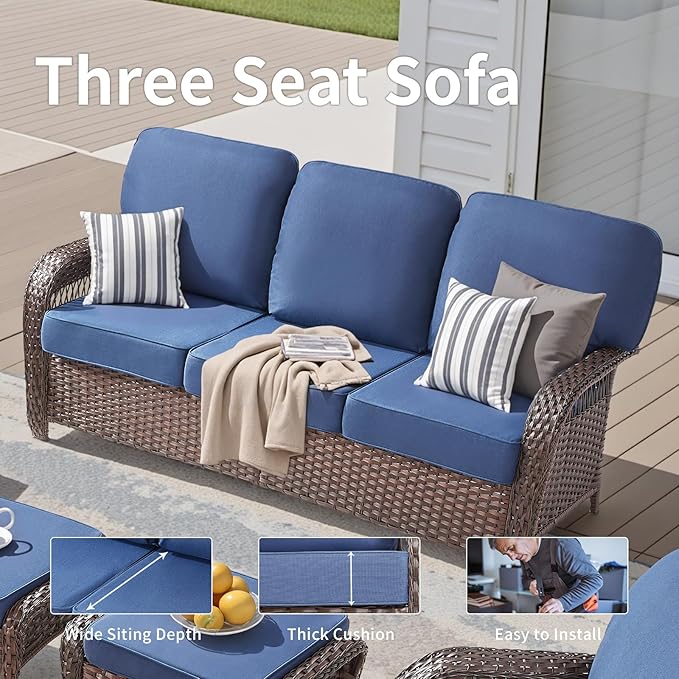 9 Pieces Patio Furniture Set Outdoor Sectional Sofa Couch with Rocking Swivel Chairs 5" Deep Seat Chairs, Modern Wicker Rattan Conversation Set, Blue/Brown Wicker