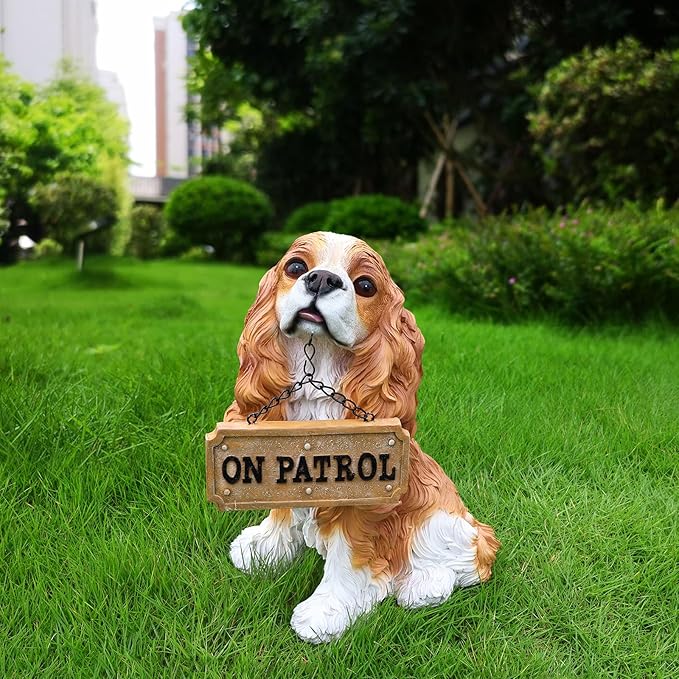 Sunny Cavalier King Charles Spaniel Solar Welcome Dog Statue, Hand-Painted Sitting Resin Puppy Figurine with Dual Signs and Lantern for Garden, Patio, and Front Porch Décor