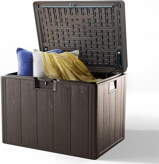 40 Gallon Resin Deck Box, Double Layer Waterproof & Outdoor Indoor Lockable Storage Box for Patio Furniture Cushions Garden Tools (Brown)