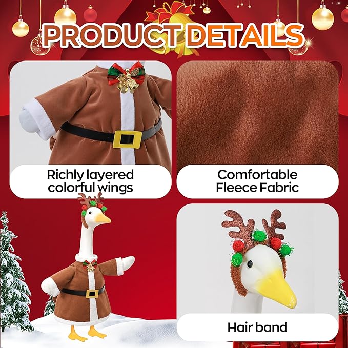 Christmas Porch Goose Outfit for Large 23" High Cement or Plastic Goose Statue, Yard Goose Cloths with Deer Antler Headband, Bell Bow Tie Decor for Outdoor Lawn Gaden Patio