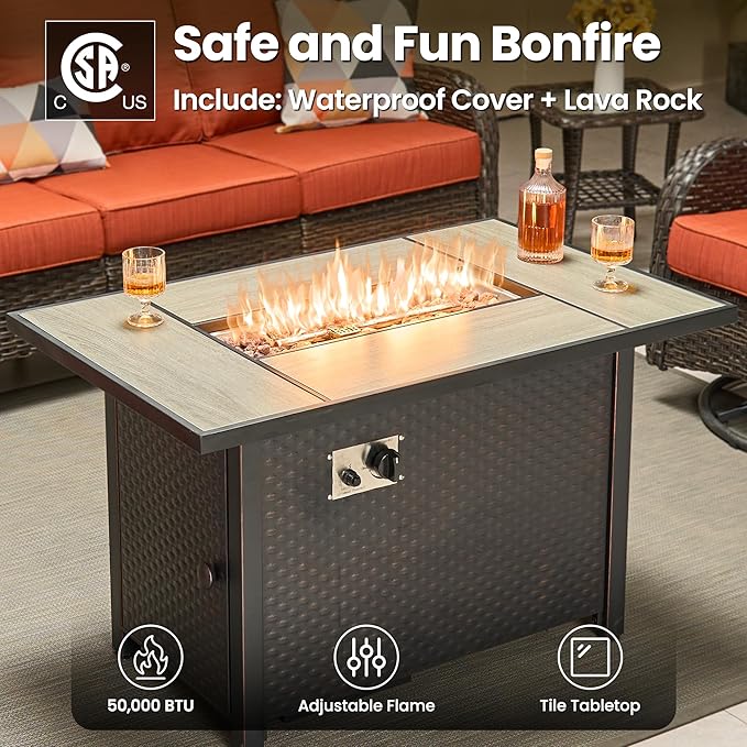 ovios 5 Pieces Patio Furniture Set, Outdoor Wicker Sofa Couch with Swivel Chairs 42" Fire Pit Table, High Back All Weather Modern Conversation Sets, Brown Rattan, Orange Red