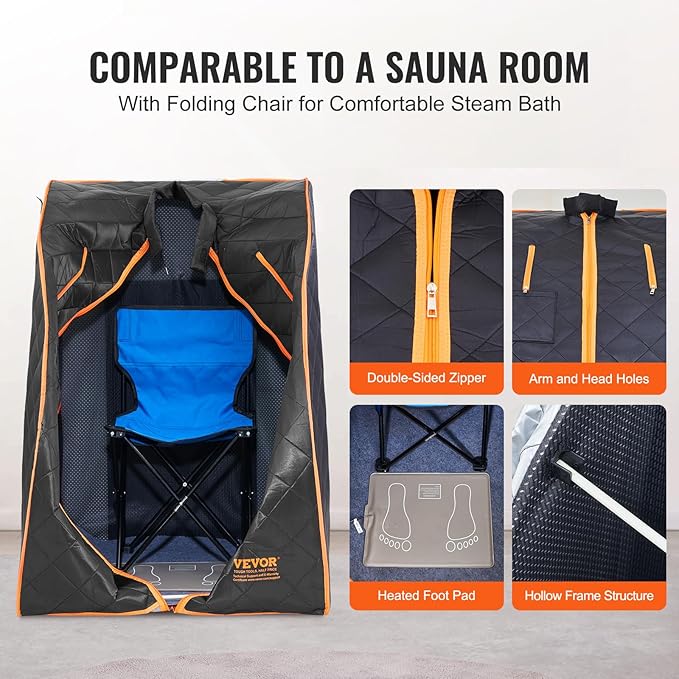 VEVOR Infrared Portable Sauna Tent, 1050W Personal Sauna Kit for Home Spa, Heated Body Therapy, Time & Temperature Remote Control with Chair & Floor Mat & Storage Bag, Black, 2.2’x 2.6’x 3.2’