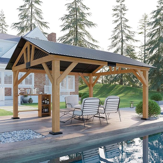 AMERLIFE 13x15 ft Spruce Wood Gazebo, Outdoor Gazebo with Bar Storage, Hardtop Wooden Paviloin with Metal Steel Gable Roof, Patio, Garage, Black + Natural Wood