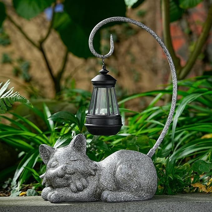 Outdoor Cat Figurine Garden Statue with Solar-Powered LED Light 13.77 Inches Tall Gift Garden Statue Decor for Cat Lovers Marbled