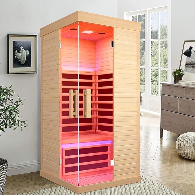 Sauna Room Indoor Far Infrared Saunas Home Canadian Hemlock 1420W Low-EMF Dry Saunas Single Person Spa with Oxygen Bar,33.5 * 33.5 * 70.87 inch
