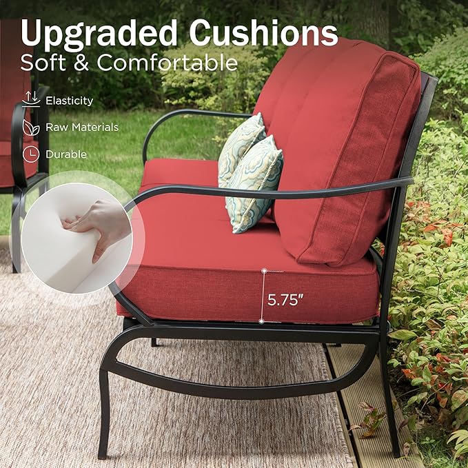 PHI VILLA 5 PCS Patio Furniture - Metal Deluxe Patio Set with 1 x 3 Seater Deep Seating Bench, 2 x Swivel Sofa Chairs & 2 x Metal Cushioned Ottoman, Outdoor for Garden, Red