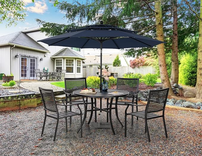 PHI VILLA 5 Pieces Patio Dining Set with 10ft Patio Umbrella, Metal Patio Circle Table Outdoor Stackable Wrought Iron Chair Set of 4 & 42" Large Round Dining Table,3 Tier Vented Dark Blue Umbrella