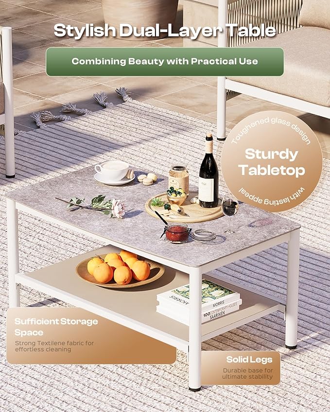 Aluminum Outdoor Patio Furniture Set, HDPE Rope 4 Piece Modern Sectional Conversation Sets with Dual-Layer Coffee Table, All Weather Patio Couch Set with Thick Cushions, White Frame, Ivory