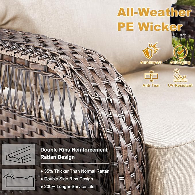 Patio Furniture Sets, 4 Pieces Wicker Outdoor Furniture with Patio Sidetables - 360 Degree Swivel Rocking Chairs and Rattan Side Table for Garden, Porch, Backyard, Beige/Brown Wicker