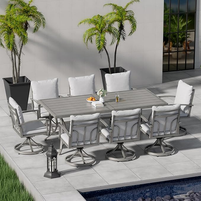 HAPPATIO 9-Piece Patio Outdoor Dining Set - All Aluminum Patio Table and Chairs Set for 8 Includes 1 Rectangular Dining Table and 8 Swivel Dining Chairs with Cushions for Lawn, Garden