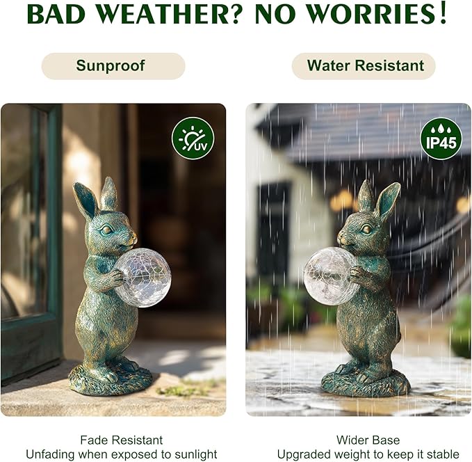 MININOVA Garden Outdoor Statues Rabbit with Solar Light Bunny Figurines Decorations with Wider Base & Reinforced Weight for Patio Yard Lawn Ornaments Gifts for Birthday Christmas Housewarming