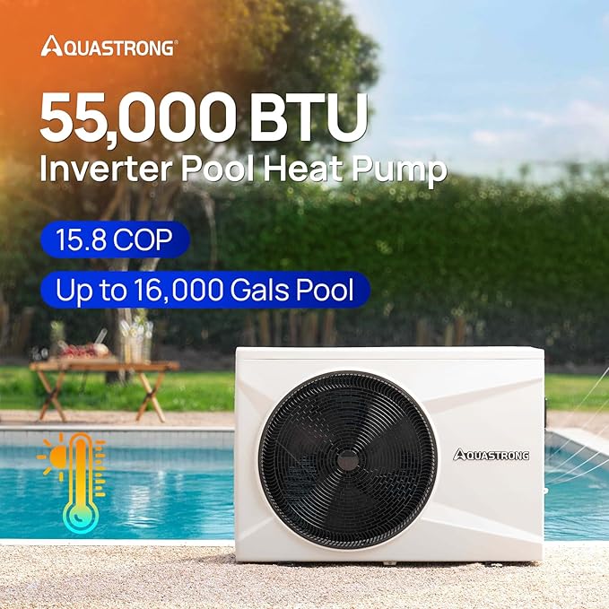 Aquastrong Inverter Swimming Pool Heat Pump, 55,000 BTU 16,000 Gallons Electric Pool Heater for Above Ground and Inground Pool, WiFi Capable Timer, Heating and Cooling Pool Heater 220V