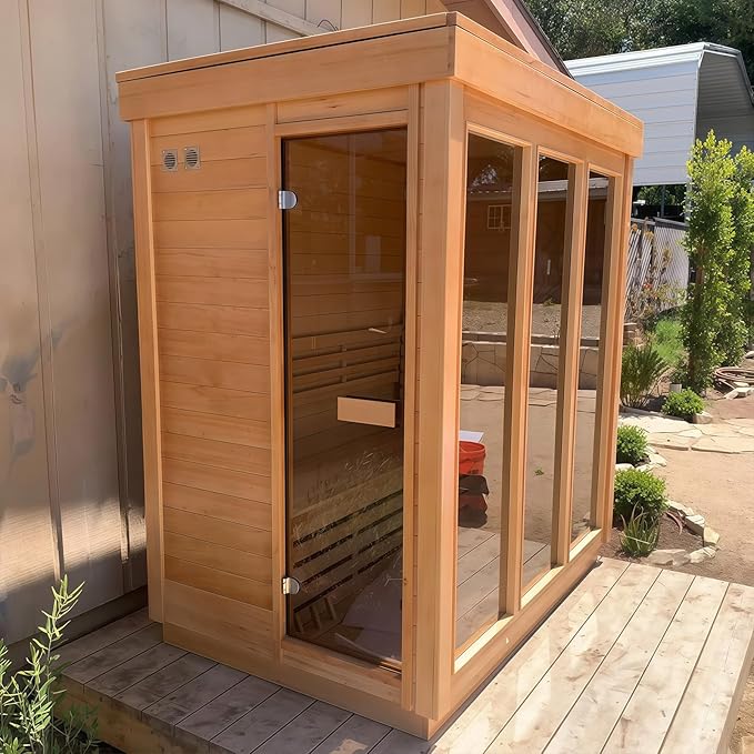 Outdoor Corner Steam Sauna, Canadian Hemlock Saunas 3-4 Person, 6KW ETL Toule Heater, 220V,Broad Bench, Glass Wall Sauna, Waterproof System, Asphalt Shingles,Left Door(0-195℉)