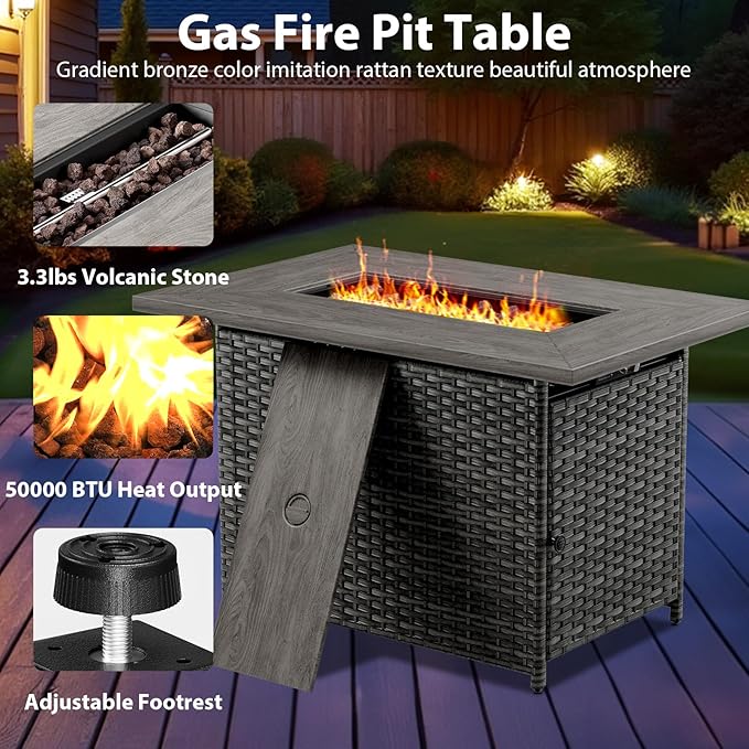 6 Piece Wicker Patio Furniture with Fire Pit Table - Outdoor Conversation Set with 50,000 BTU Fire Pit, All Weather Rattan Patio Set for Deck Backyard Garden - Grey Wicker Grey Cushion