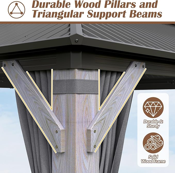 8.5 x 8.5FT Wood Gazebo,Outdoor Wooden Hardtop Gazebo with Galvanized Steel Doule Roof,Cedar Wood Frame Gazebos with Netting &Curtains for Backyard Deck