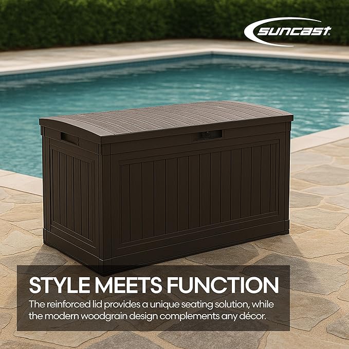 Suncast 80-Gal. Waterproof Resin Large Outdoor Patio Deck Box with Pad-Lockable Lid, Modern Outdoor Patio Bench/Storage Box for Cushions, Garden Tools, and More, Java
