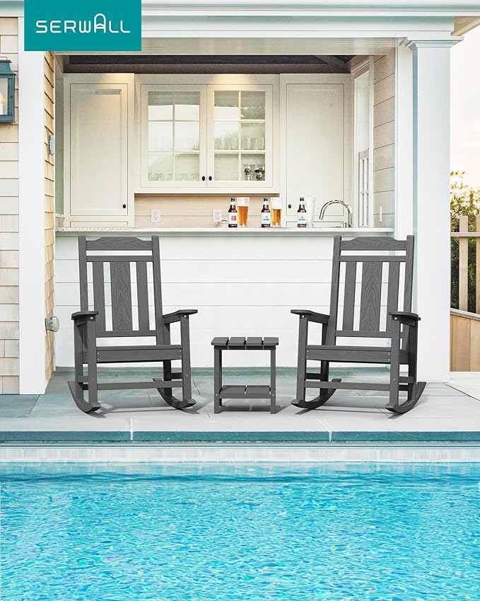SERWALL Oversized Rocking Chair Set of 4 Outdoor, HDPE Outdoor Rocking Chair Set of 4, Grey
