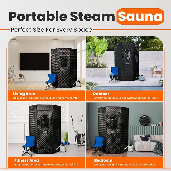 Portable Steam Sauna Box for Home, 5 Layer Waterproof, Portable Steam Sauna with 4L Steamer, Remote Control & Folding Chair, Indoor & Outdoor to Relax & Detox, 36" x 36" x 71" (Black)