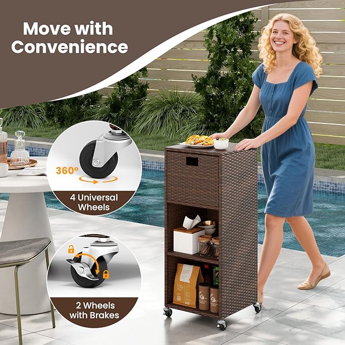 Tangkula Rattan Outdoor Storage Cabinet, Patiojoy Outdoor Wicker Cabinet with 3 Shelves, 1 Removable Drawer, 4 Wheels, Patio Storage Deck Box Cart for Backyard Poolside Porch (Mix Brown)