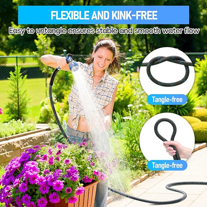SPECILITE Garden Hose 25ft, 3-Layer Flexible Water Hose with 8 Pattern Spray Nozzle, Non-Expanding & Lightweight Stainless Steel Hose for Yard, Lawn, Outdoor-Leak Proof, No-kink & Tangle-free