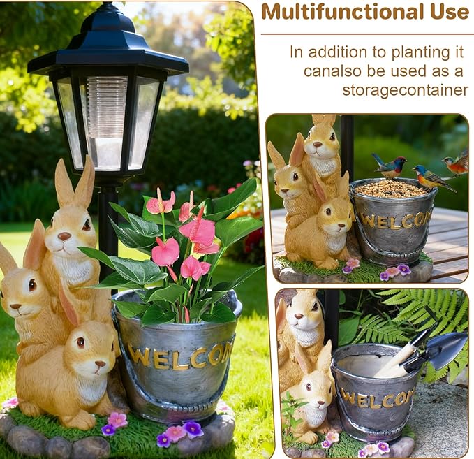 Outdoor Rabbit Garden Statues with Solar Lantern Flowerpot- Bunny Figurine Rabbit Decor for Home Lawn,Balcony Yard Art Garden Patio Decor,Unique Housewarming Birthday Gifts for Women Mom