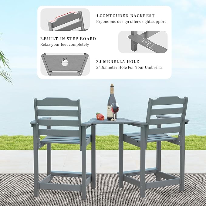 OTSUN Tall Adirondack Chairs Set of 4 with Connecting Tray, 24 inches HDPE Bar Height Outdoor Chairs, All Weather Resistant for Balcony, Porch, Kitchen (4 PCS, Grey)