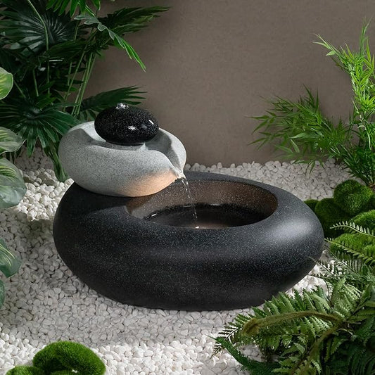 13.39" H Outdoor Water Fountain Made with Eco-Friendly Recyclable Materials, Polyethylene Rock Waterfall Outdoor Fountain, Garden Decor with LED Light & Pump for Patio, Backyard (13.39")