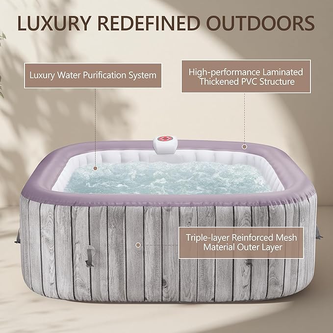 UHOMEPRO Inflatable Hot Tub Spa Set, Outdoor Bubble Massage Portable Hot Tubs with 130 Soothing Jets, Insulated Cover, Internal Heater Pump, 6 Filter Cartridges (Square)