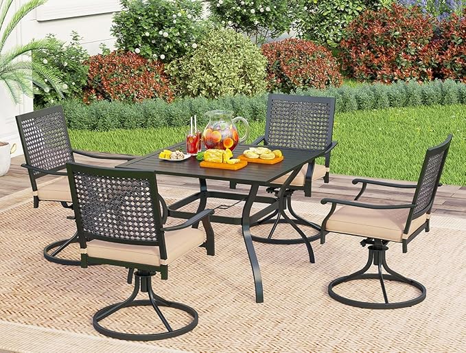 PHI VILLA 5 Pieces Outdoor Dining Set for 4, 37" Square Metal Wrought Iron Table with Umbrella Hole & Swivel Steel Chairs with Cushions, Modern Furniture Set for Patio, Deck, Porch, Yard