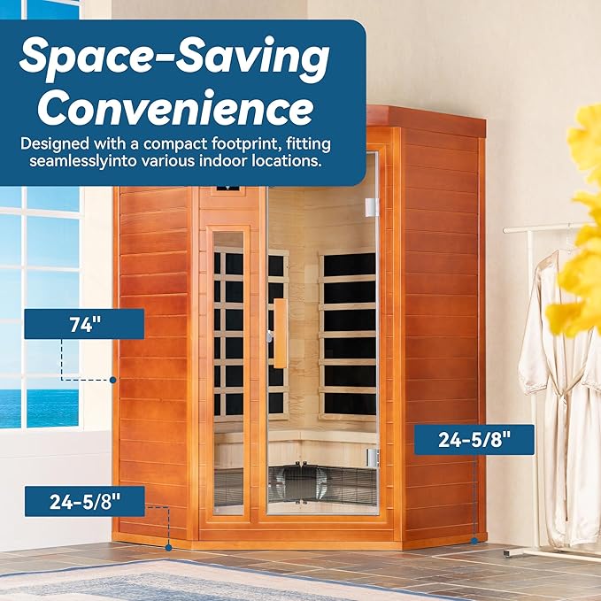 Woodbridge Infrared Sauna Room 2 Person Hemlock Wood Indoor Corner Sauna with 7 Carbon Heaters, Red Light Therapy,Bluetooth Speaker,Intelligent Dual Control System,Tempered Glass,Exterior Brim Light