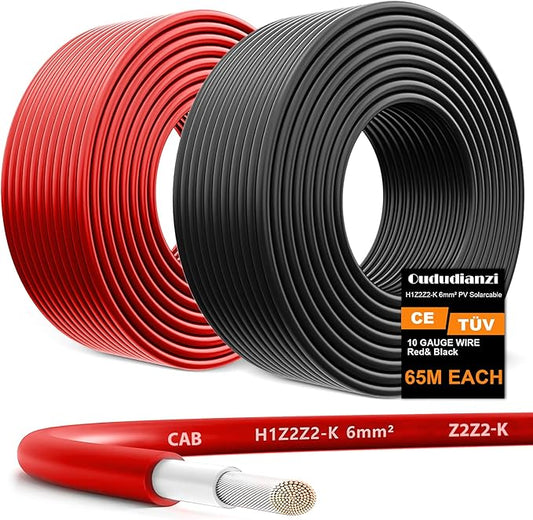 Oududianzi 2x200 Feet Solar Panel Wire, 10AWG Solar Wire Tinned Copper 10 Gauge Solar Cable PV Wire, for Outdoor Automotive RV Solar Panels Boat Marine (200FT Red + 200FT Black)