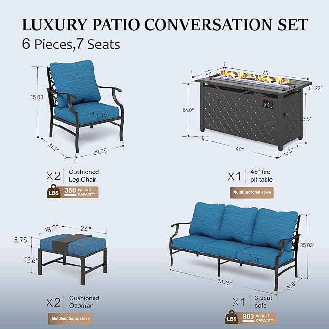 HERA'S HOUSE 6 Pieces Patio Furniture Set with Fire Pit Table, 2 x Single Chair, 2 x Ottoman, 3-Seat Sofa with 45" Fire Pit Table, Outdoor Conversation Set for Garden Poolside Backyard, Pacific Blue