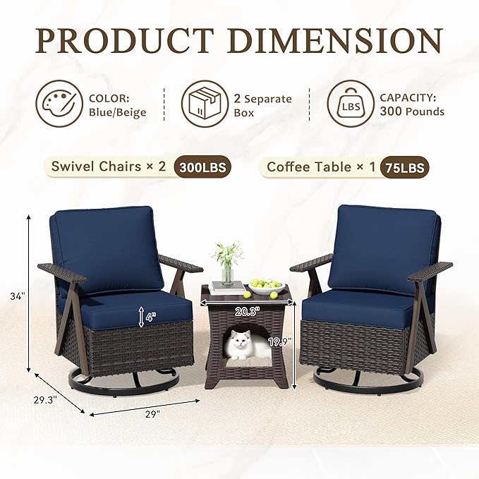 Outdoor Swivel Rocker Chairs, 3 Pieces Wicker Swivel Patio Chair with Rattan Side Table, Patio Furniture Set for Outside Porch Deck